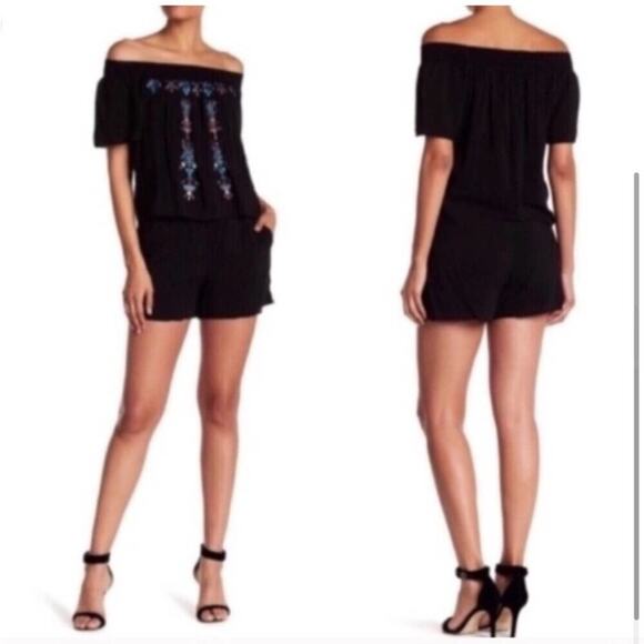 Parker Black Embroidered Off-the-Shoulder Romper Size Medium - Picture 1 of 3
